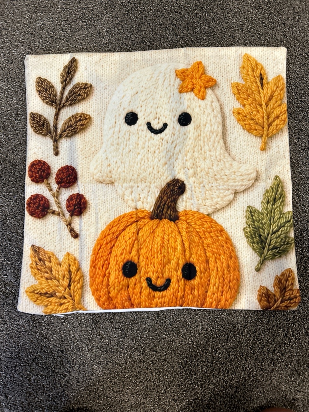Embroidered Ghost & Pumpkin Holiday Pillow Cover in Cream and Orange